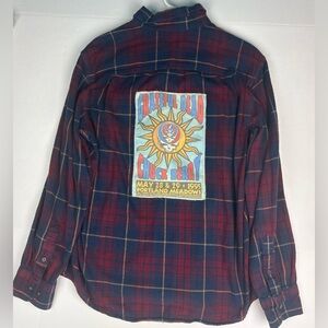 Grateful Dead Concert Upcycled Large Flannel Shirt Plaid Blue Red Rock Folk